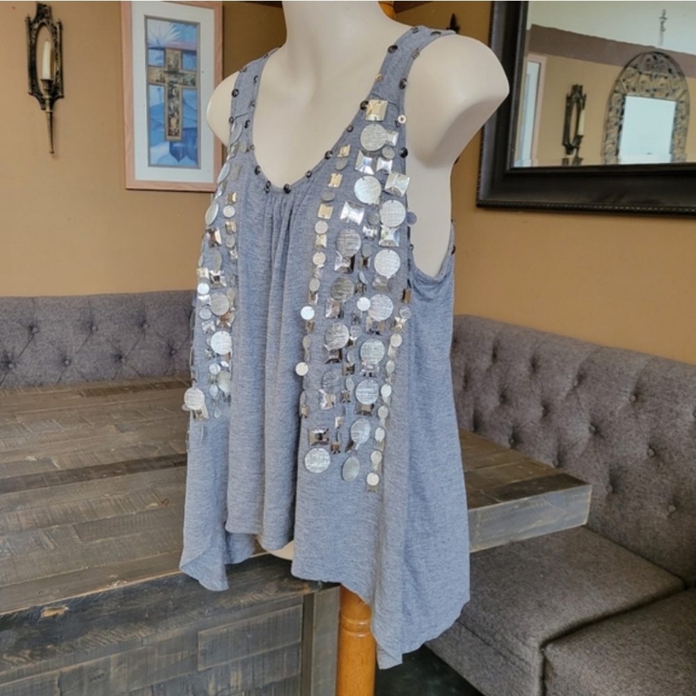 Gray Beaded Tank Sharkbite High Low Hem Silver Sequin Studded XS Temper